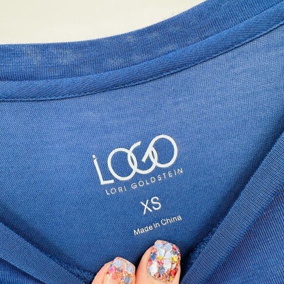 LOGO Lori Goldstein Size XS Navy Blue Lace Back Stretch Tunic Top 3/4 Sleeve - Picture 5 of 8